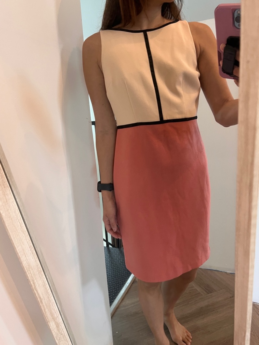 LOFT Two-Tone Pencil Dress in Peach & Coral with Black Trim 0 - Picture 8 of 8
